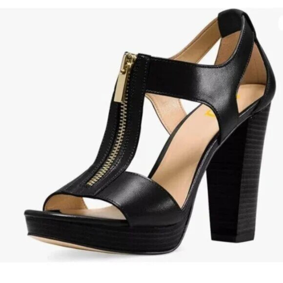 FSJ Black Peep Open Toe T-Strap Front Zipper Chunky Stacked High Heel Sandal - Picture 1 of 9